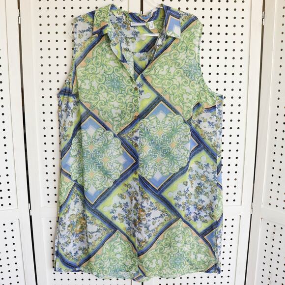 Susan Graver Jackets & Blazers - Susan Graver SIZE 18W Printed Sheer Chiffon Button Vest Green Blue‎ A353359